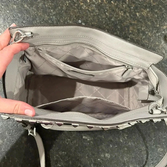 Michael Kors Selma Stud Satchel Bag Purse Grey Cement Saffiano Leather - Picture 6 of 14